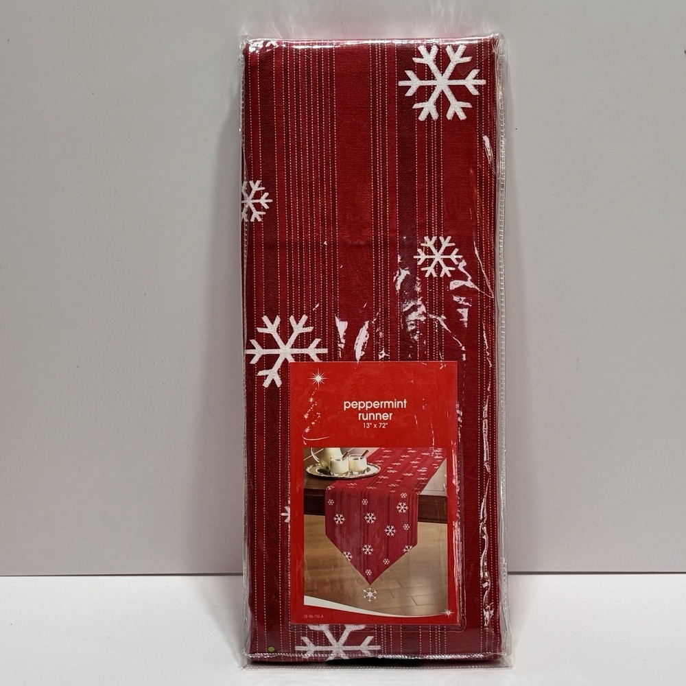 JC Penny Home Christmas Red Pink Stripe Snowflake Table Runner Peppermint 72x13"